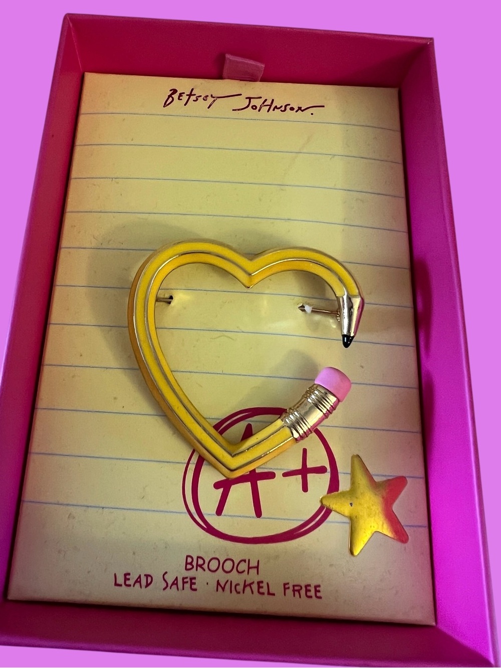 Betsey Johnson Yellow Heart Pencil Pin with Pink Eraser - Picture 1 of 16